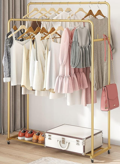 Double Rod Clothing Garment Rack, Heavy Duty Metal Rolling Clothes Rack with Wheels with 4 Fixed Hooks, Multi-Functional Bedroom Organizer Hanging Clothes, Gold