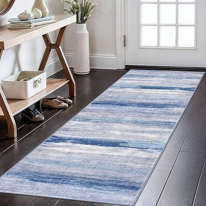 KOZYFLY Modern Abstract Kitchen Runner Rug, 2x6 Washable Rug Runner Non-Slip Soft Striped Hallway Runner Rugs, Blue/Grey/Beige Print Carpet Runner for Entryway Bathroom Laundry Room Foyer