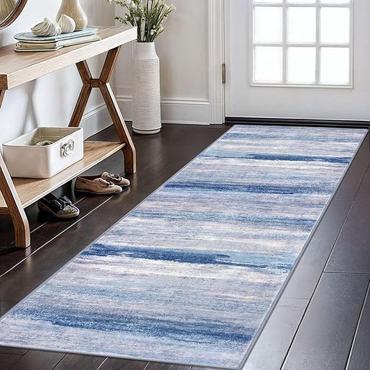 KOZYFLY Modern Abstract Kitchen Runner Rug, 2x6 Washable Rug Runner Non-Slip Soft Striped Hallway Runner Rugs, Blue/Grey/Beige Print Carpet Runner for Entryway Bathroom Laundry Room Foyer