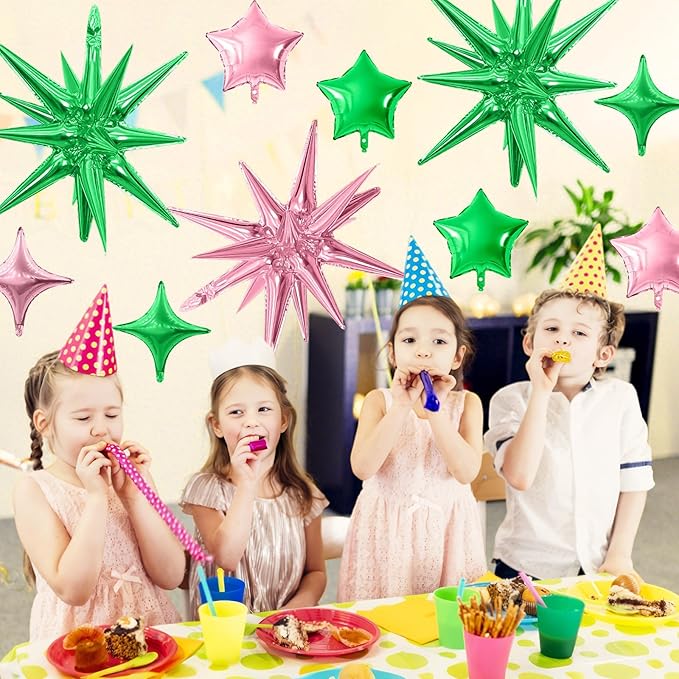 Pink Green Star Balloon,16Pcs Star Foil Balloons Set with 22Inch Explosion Spike Cone Balloons and 10Inch Quadrangle Helium Balloon for Birthday Wedding Baby Shower Party Decorations