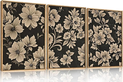 Large Vintage Floral Framed Canvas Wall Art Set,Mid Century Modern Flower Wall Decor,Neutral Wildflower Art Prints,Retro Botanical Plant Artwork for Living Room,Dining Room,Office-16 x24 x3