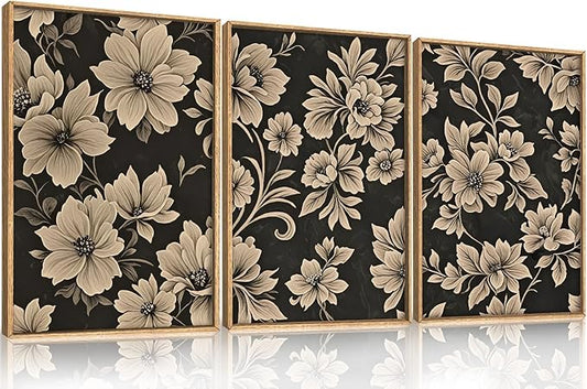Large Vintage Floral Framed Canvas Wall Art Set,Mid Century Modern Flower Wall Decor,Neutral Wildflower Art Prints,Retro Botanical Plant Artwork for Living Room,Dining Room,Office-16 x24 x3