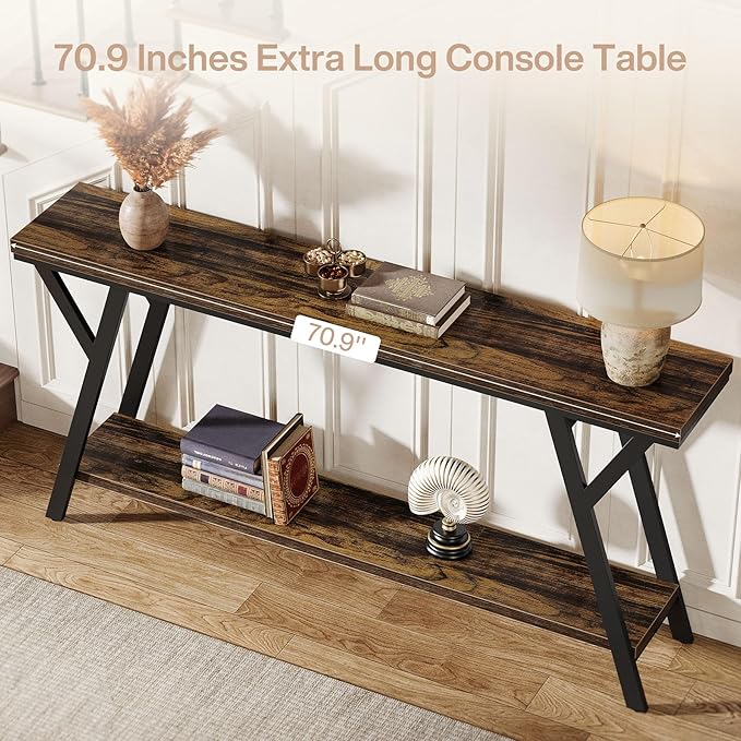 Tribesigns 70.9-Inch Narrow Long Entryway Console Table, Industrial Sofa Table Behind Couch with 2-Tier Storage Shelf for Hallway, Living Room, Entrance, Foyer, Rustic Brown