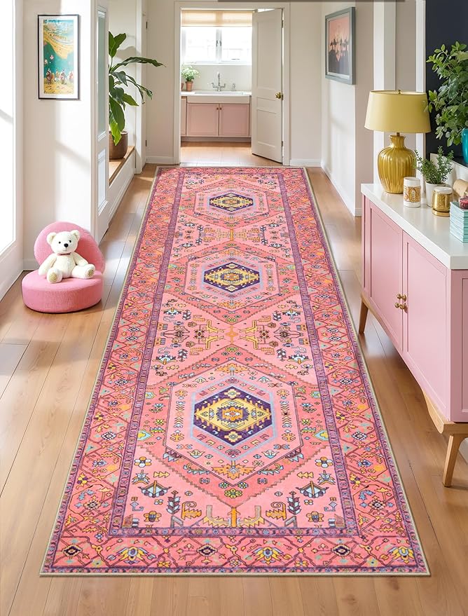 SERISSA Runner Rug for Hallways, 2'6"x8' Washable Non Slip Kitchen Runner Rug, Ultra Soft Cute Boho Aesthetic Rug Long Fuchsia Pink Floor Carpet for Bedroom Bathroom Laundry Living Room