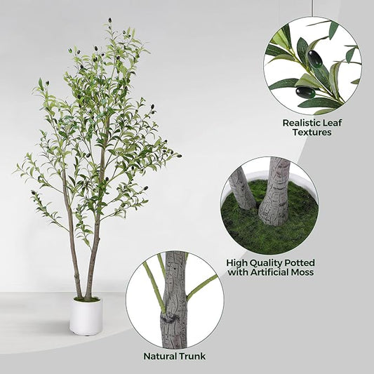 Artificial Olive Tree 5FT, Indoor Fake Silk Plant with Realistic Trunk, Leaves, Fruits and White Planter, Faux Potted Tree for Home Decor and Housewarming Gift, 1 Pack