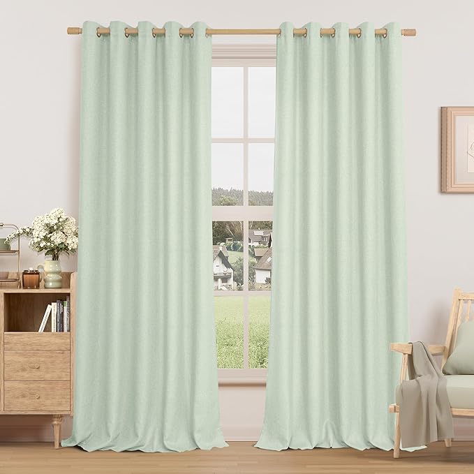 LAMIT Light Green Linen Textured Curtains for Bedroom, Grommet Thermal Insulated Thick Curtains Light Reducing Panels for Living Room/Outdoor/French Door, Set of 2 Panels, W60 x L84