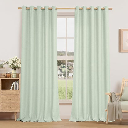 LAMIT Light Green Linen Textured Curtains for Bedroom, Grommet Thermal Insulated Thick Curtains Light Reducing Panels for Living Room/Outdoor/French Door, Set of 2 Panels, W60 x L84