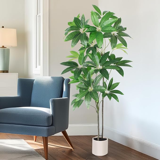 Artificial Fortune Tree - 5 FT Fake Tree with White Planter - Large Faux Plants Indoor Outdoor - Artificial Plants Indoor pots for Home Office Living Room Decor