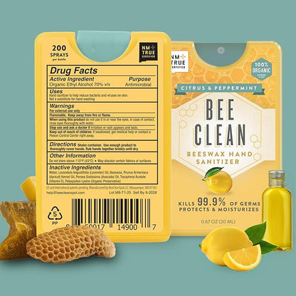 Organic Beeswax Hand Sanitizer Spray - 4-Pack (Citrus Peppermint), Travel Size Mist Spray with Organic Ethyl Alcohol, Moisturizing and Refreshing with Essential Oils, Non-Toxic, Made in USA