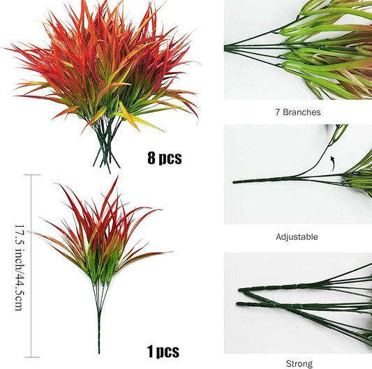 Outdoor Artificial Plants 8 Bundles Fake Plants Grass UV Resistant Fake Flowers Bush Greenery,17Inch Tall Faux Grass Shrubs for Home Porch Pathway Garden Décor Outside Indoor (red)