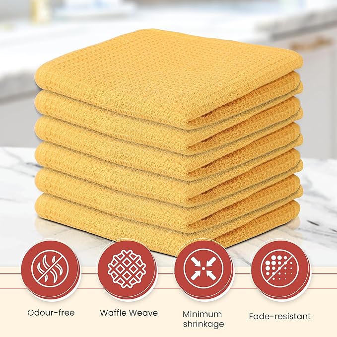 Vintage Vista 100% Cotton Waffle Dish Cloths (Pack of 6) - Dish Rags for Washing Dishes - Reusable & Highly Absorbent Kitchen Towels - Kitchen Rags for Christmas - (12" x 12" - Yellow)