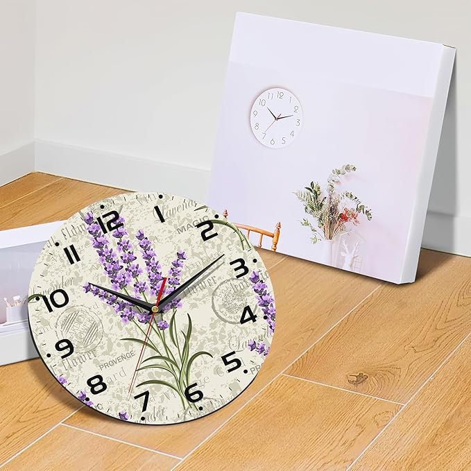 Vintage Floral with Lavenders Wall Clock Silent Non-Ticking Battery Operated Clock 10 Inch, Home Decor for Living Room, Kitchen, Bedroom and Office
