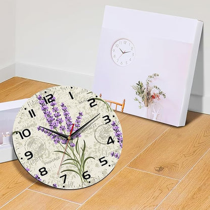 Vintage Floral with Lavenders Wall Clock Silent Non-Ticking Battery Operated Clock 10 Inch, Home Decor for Living Room, Kitchen, Bedroom and Office