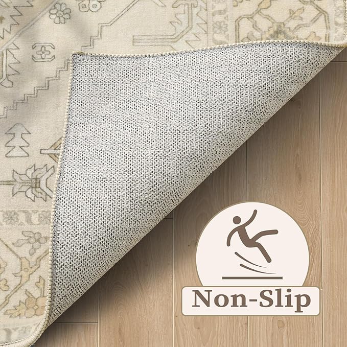 SERISSA Area Rug 3x5 Boho Rugs for Bedroom, Washable Non-Slip Living Room Rug, Ultra Soft Print Distressed Vintage Beige Rug Low-Pile Throw Carpet for Entry Kitchen Bedroom Nursery Dorm Decor