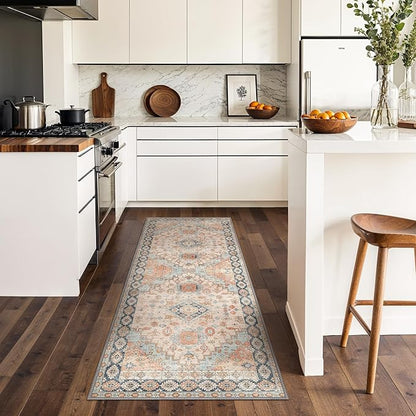 GENIMO 2x5 Washable Runner Rug for Hallway, Vintage Non Slip Low Pile Carpet, Soft Lightweight Printed Rug for Entryway, Kitchen, Corridor & Home Office, Peach Blossom
