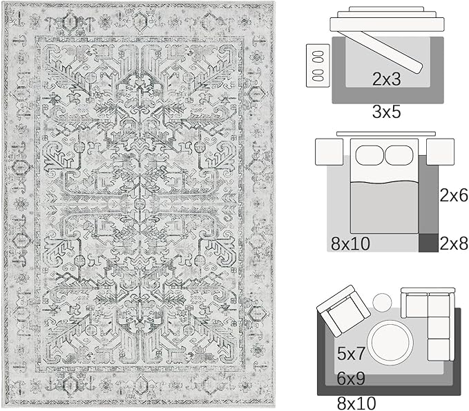 jinchan 2x3 Entryway Washable Rug - Non-Slip Indoor Distressed Doormat Small Rug Low Pile Ultra-Thin Accent Floral Print Indoor Mat for Entrance Kitchen Bathroom Bedroom (2x3ft,Grey)