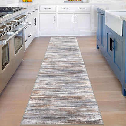 KOZYFLY Modern Abstract Hallway Runner Rug, 2x8 Kitchen Rugs Non-Slip Washable Soft Striped Kitchen Runner Rugs, Print Grey Brown Carpet Runner for Entryway Bathroom Laundry Room Foyer