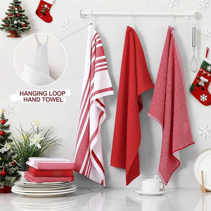 Homaxy Premium Kitchen Towels(18”x 28”, 3 Pack), Large Cotton 380 GSM Kitchen Hand Towels, Soft and Absorbent Terry Dish Towels, Multipurpose Tea Towel Set with Hanging Loop, Red