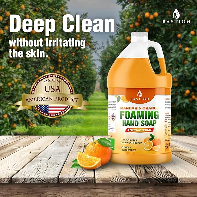 Bastion Foaming Antibacterial Hand Soap: Mandarin Orange Scented Refill 4 Gallons (512 oz) Bulk Hand Wash