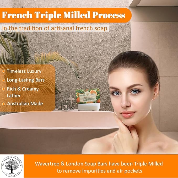 Wavertree & London Sicilian Orange Scented Natural Soap (8 Bars), 7oz Moisturizing French Triple Milled Soap Bars enriched with shea butter - Pure Plant Oil Bath & Body Soap for All Skin Types