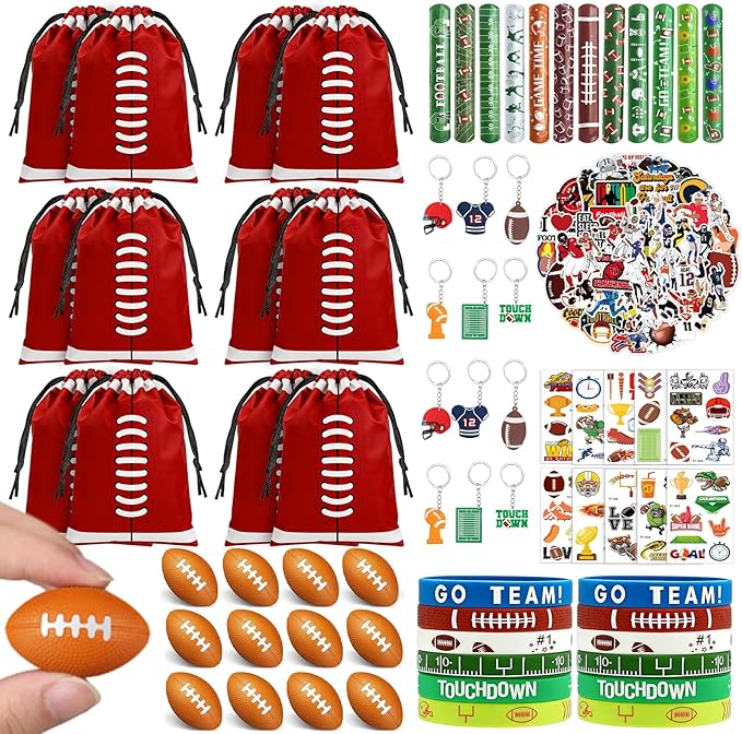 122 Pcs Football Party Favors Drawstring Bags Football Goodie Bag with Mini Ball, Wristband, Slap bracelets, Keychains, Stickers,Tattoo Stickers for Football Themed Party Supplies