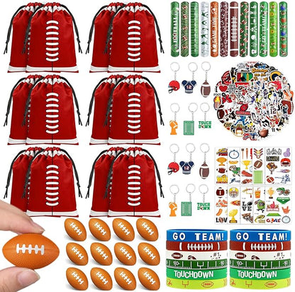 122 Pcs Football Party Favors Drawstring Bags Football Goodie Bag with Mini Ball, Wristband, Slap bracelets, Keychains, Stickers,Tattoo Stickers for Football Themed Party Supplies
