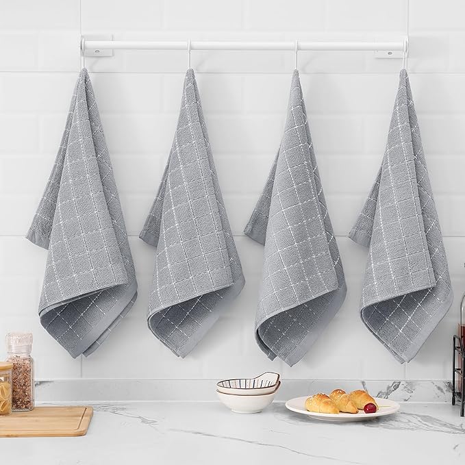 Mordimy 100% Cotton Terry Cloth Kitchen Towels, Super Soft and Absorbent Dish Towels for Drying, Checkered Designed Hand Towels for Kitchen, 16 x 26 Inches, 4 Pack, Light Grey