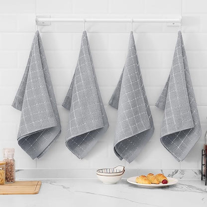 Mordimy 100% Cotton Terry Cloth Kitchen Towels, Super Soft and Absorbent Dish Towels for Drying, Checkered Designed Hand Towels for Kitchen, 16 x 26 Inches, 4 Pack, Light Grey