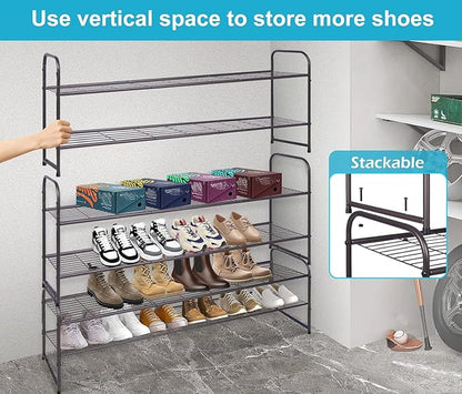 KEETDY 2-Tier Long Shoe Rack for Closet Entryway Shoe Organizer for 18 Pairs Sneakers, Metal Stackable Shoe Storage Shelf with Wire Grid for Bedroom, Floor, Bronze