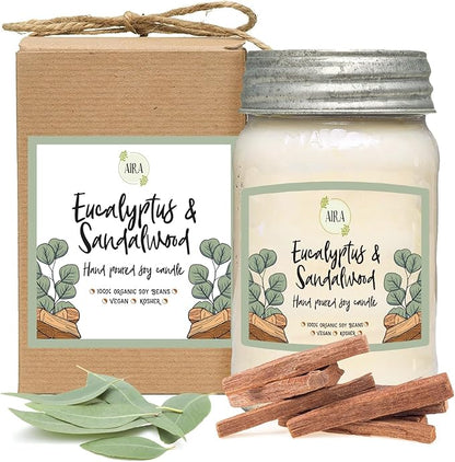 Aira Soy Candles - Organic, Kosher, Vegan, in Mason Jar w/Therapeutic Grade Essential Oil Blends - Hand-Poured 100% Soy Candle Wax - Paraffin Free, Burns 110+ Hours - Eucalyptus & Sandalwood -16 Ounce
