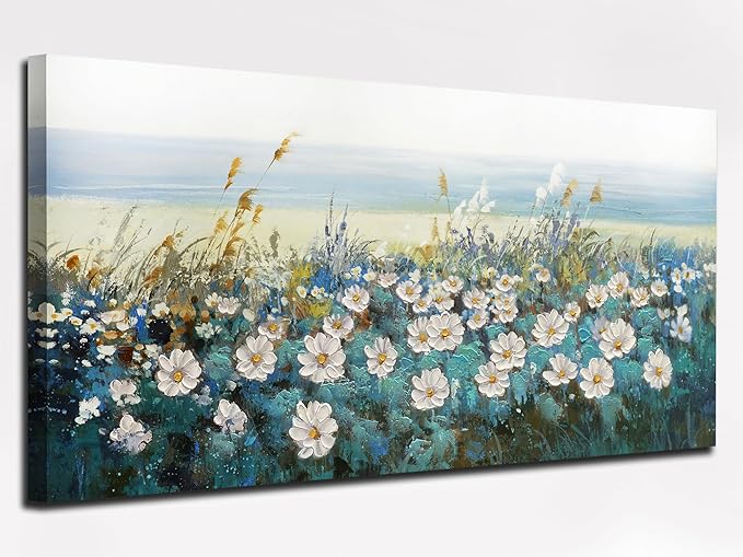 Arjun Flower Wall Art Bedroom Wall Decor, Oversize Extra Large Canvas White Daisy Floral Painting Landscape Picture Art Work for Living Room Textured Office Home Dining Room, Oversized 58"x29"