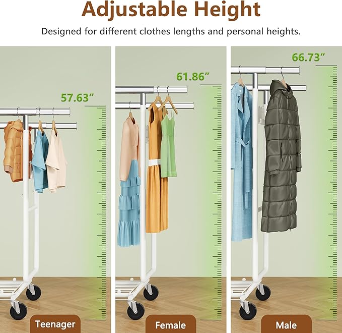 Hoctieon 2-Minute Assembly Double Rod Clothes Rack, Heavy Duty Rolling Clothing Racks with Wheels, Foldable Commercial Garment Rack, Extendable Hanging Bar, Adjustable Metal Pole with Hooks, White