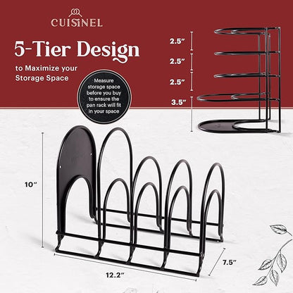 Cuisinel Pots and Pans Organizer Rack - Heavy Duty 60-LBS Capacity - 6mm Thick - Made in India - Matte-Black 12.2"-Tall 5-Tier Space-Saving Kitchen Storage for Cast Iron Cookware, Skillet, Dish, Plate