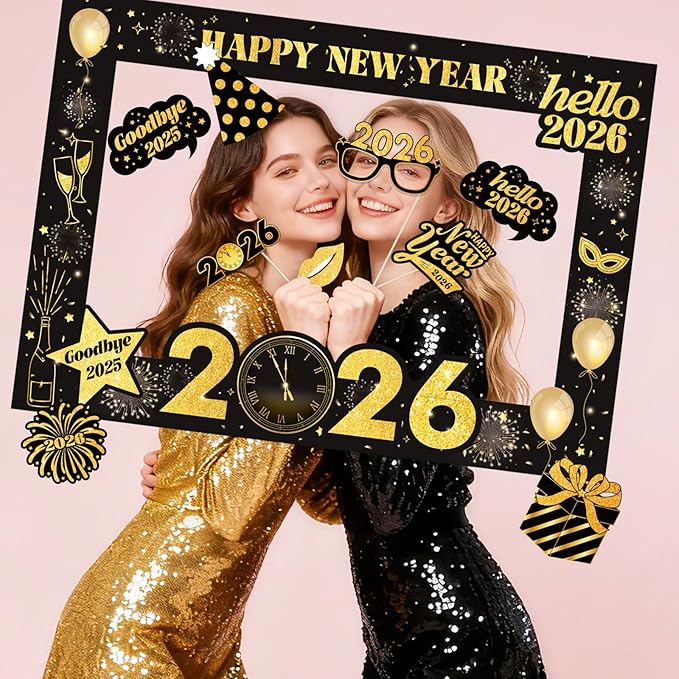 New Years Eve Party Supplies 2026 - Deluxe NYE Photo Booth Props Kit with Giant Glitter Photo Frame, 2026 Glasses (Pack of 20)