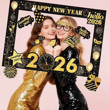 New Years Eve Party Supplies 2026 - Deluxe NYE Photo Booth Props Kit with Giant Glitter Photo Frame, 2026 Glasses (Pack of 20)
