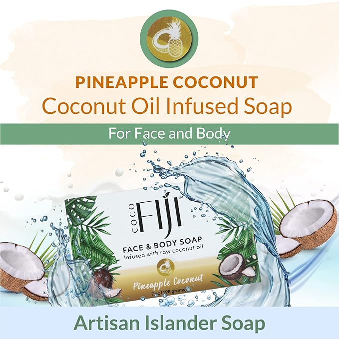 "Coco Fiji Soap Bar for Face and Body Infused With Organic Coconut Oil, Pineapple Coconut Essential Oil, Natural Soap for Moisturizing & Pore Purifying Skin, 7 oz, Pack Of 2 "