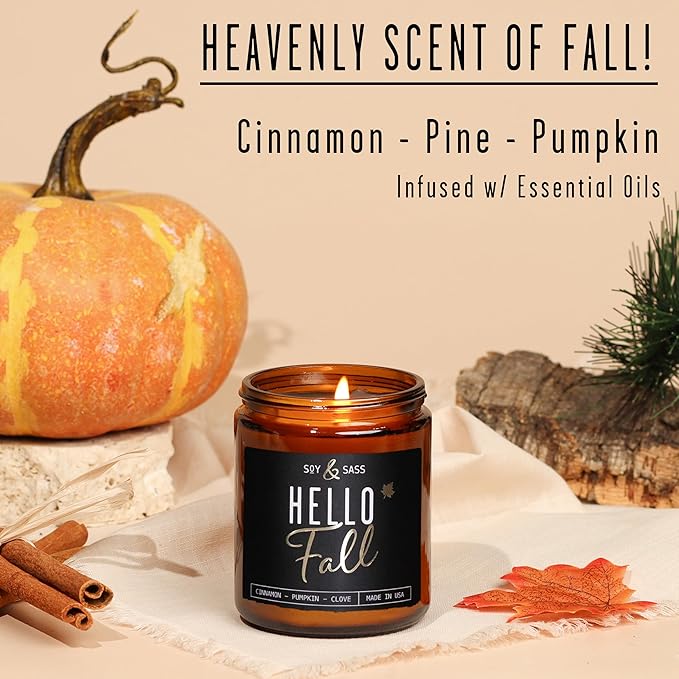 Fall Candles - 'Hello Fall Scented Candle' w/Cinnamon, Pumpkin & Fir I Infused with Essential Oils Autumn Scented Soy Candles for Home Décor, 9oz Reusable Jar, 50Hr Burn, Made in USA