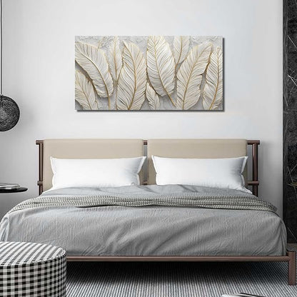 JuhaiArt Feather Canvas Art for Living Room Bedroom Home Office White Wall Picture 24" x 48" Gold Wall Decor Art Artwork Poster