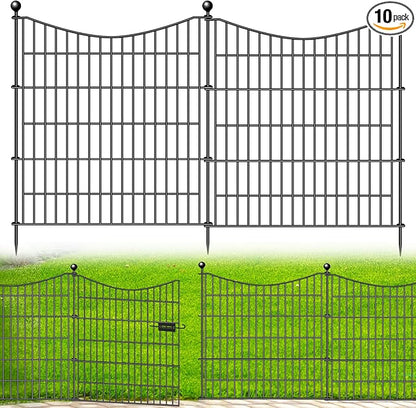 10 Panels Decorative Garden Fence with Gate, 32 in(H) X 23.6 ft(L) No Dig Dog Fence Animal Barrier Outdoor for Yard, Rustproof Metal Garden Edging and Borders, Temporary Fencing Stakes