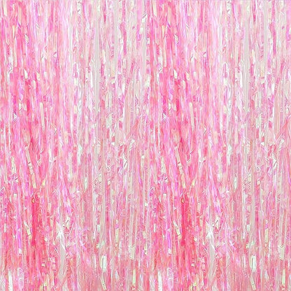 BRAVESHINE Clear Pink Streamers Party Decorations Iridescent Foil Fringe Backdrop - 2 Pack 3.2 x 6.5 ft Holographic Tinsel Curtain Party Photo Backdrop for Valentine’s Girl Birthdays Engagement Decor