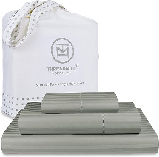 Threadmill 100% Cotton Sheets for Twin Size Bed - 600 Thread Count Twin Bed Sheets Set with 15” Deep Pocket - Damask Stripe Sateen Weave 3-Piece Bedding Set with Cooling Effect, Moonrock Grey