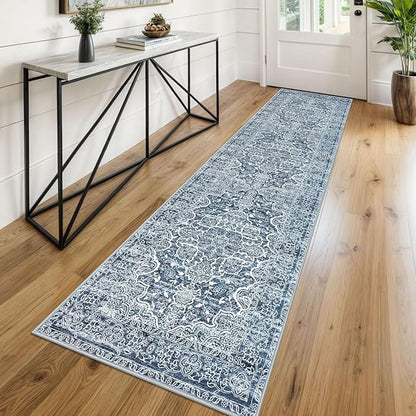 KUTA Vintage Floral Washable Runner Rug, 2x8 Blue White Runners for Hallways Non-Slip Kitchen Rugs Ultra Soft Printed Distressed Tribal Floor Carpet for Bedroom Living Room Nursery Playroom