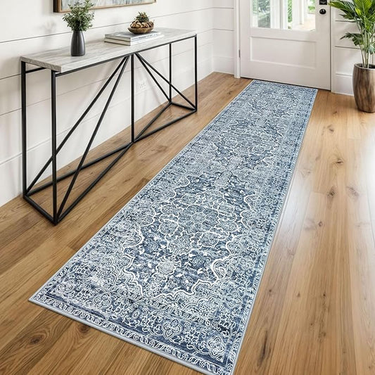 KUTA Vintage Floral Washable Runner Rug, 2x8 Blue White Runners for Hallways Non-Slip Kitchen Rugs Ultra Soft Printed Distressed Tribal Floor Carpet for Bedroom Living Room Nursery Playroom