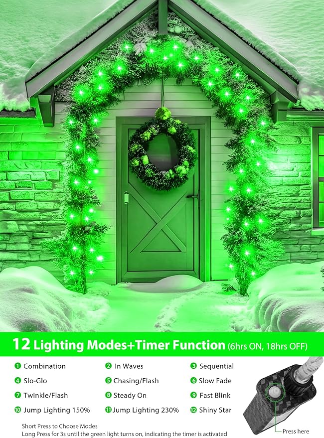 Minetom Christmas Lights - Outdoor Cluster Lights with 10 Ft String, 200 LED, Waterproof, 12 Modes Timer for Xmas Tree, Party - Green