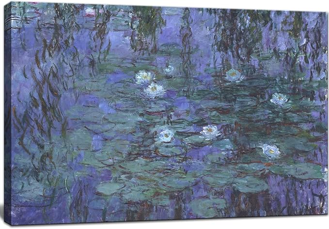 Large Blue Water Lilies by Claude Monet Canvas Wall Art Famous Painting - Classic Artwork Wall Decor Picture Print with Framed for Bedroom Living Room Office -24" x36"