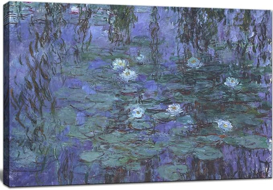 Large Blue Water Lilies by Claude Monet Canvas Wall Art Famous Painting - Classic Artwork Wall Decor Picture Print with Framed for Bedroom Living Room Office -24" x36"