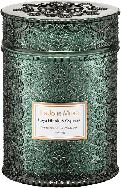 LA JOLIE MUSE Kōya Hinoki & Cypress Scented Candle – Pine, Leather & Hinoki | 19 oz Festive Christmas Candle | Wooden Wick | Clean Burn & Vibrant Scent | Fun Gift for Hosts & Fall Tablescapes