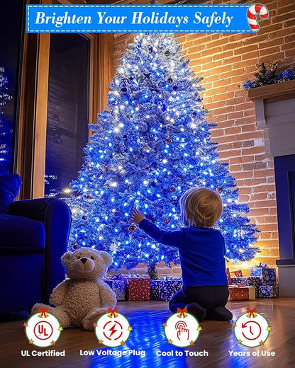 LED Christmas Lights, Extra Long Outdoor String Lights Waterproof, Timer & Memory, 8 Modes Dimmable Plug in Fairy for Outside Tree Wedding Patry (Blue and White, Total 710FT 1800 LED)