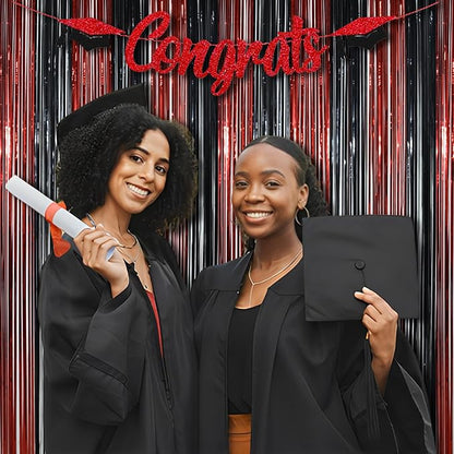 BRAVESHINE Tinsel Photo Backdrop Curtains - 2 Pack 3.2x8.2ft Black Red Foil Fringe Streamer Curtain for Christmas/New Years/Birthdays/Bachelorette/Home/Office/Indoor/Outdoor Party Supplies Decorations
