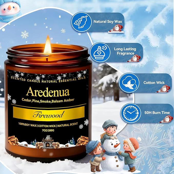 Winter Candles – Firewood Scented Candle | 7oz Soy Candles for Home Cozy Scented, Holiday Aromatherapy Candle | Winter Gifts for Women Men - 50H Clean & Long Lasting Burn
